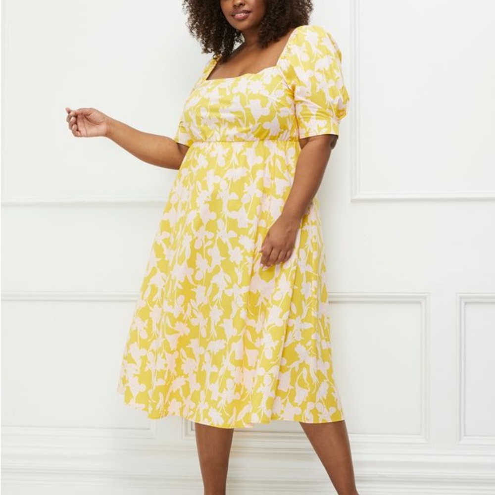 Eloquii Puff Sleeve Fit and Flare Yellow Floral Print Midi Dress Size 16